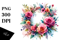 Watercolor Abstract Colorful Wreath with Pink Roses | Product Image 1