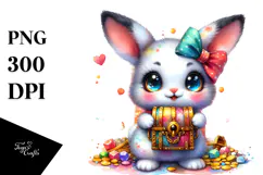 Vibrant Watercolor Rabbit with Treasure Chest, Transparent Product Image 1