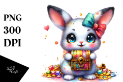 Vibrant Watercolor Rabbit with Treasure Chest, Transparent Product Image 1