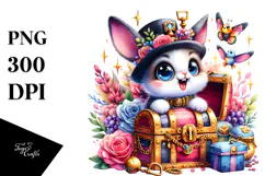 Vibrant Watercolor Rabbit with Treasure Chest, Transparent Product Image 1