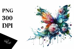 Vibrant Watercolor Butterfly with Flowers, Transparent PNG Product Image 1