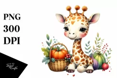 Baby Giraffe Holding Basket of Autumn Vegetables | Product Image 3