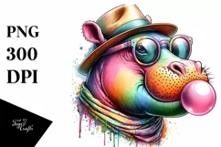 Hippo Portrait with Sunglasses Blowing Chewing Gum | Product Image 3