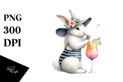 Bunny in Beachwear Drinking Cocktail PNG Product Image 1