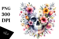 Cute Skull Watercolor Painting with Spring Flowers Product Image 1