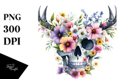 Cute Skull Watercolor Painting with Spring Flowers Product Image 1