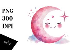 Smiling Pinkish Moon in Watercolor PNG Product Image 1