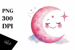 Smiling Pinkish Moon in Watercolor PNG Product Image 1