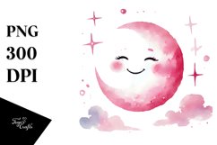 Smiling Pinkish Moon in Watercolor PNG Product Image 1