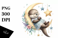 Baby Otter Sleeping on Moon | Clipart Product Image 1