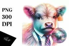Baby Highland Cow with Disco, PNG Design Product Image 1