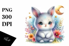Colorful Smiling Baby Arctic Hare with Moon Stars Clipart Product Image 1