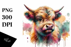 Baby Highland Cow with Abstract Background, High-Res PNG Product Image 1