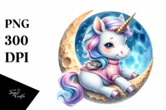Baby Unicorn Golf on Moon | Sublimation Clipart Product Image 1