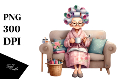 Watercolor Character Sitting on Sofa with Hair Curlers | Product Image 1