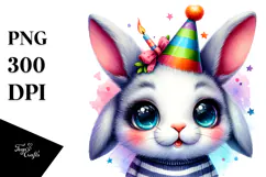 Vibrant Watercolor Rabbit with Party Hat, Transparent PNG Product Image 1
