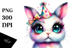 Vibrant Watercolor Rabbit with Party Hat, Transparent PNG Product Image 1