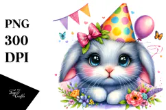 Vibrant Watercolor Rabbit with Party Hat, Transparent PNG Product Image 1