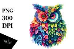Vibrant Watercolor Owl with Plant Leaves PNG Product Image 1