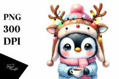 Expressive Baby Watercolor Penguin, Winter Outfit PNG Product Image 1