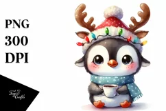 Expressive Baby Watercolor Penguin, Winter Outfit PNG Product Image 1