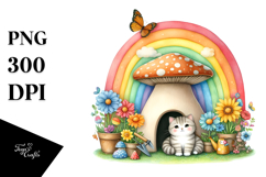 Cat House Made of Large Mushroom with Colorful Flowers | Product Image 1