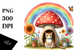 Cat House Made of Large Mushroom with Colorful Flowers | Product Image 1