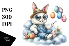 Bunny in Farm Jeans Sitting on Cloud PNG Product Image 1