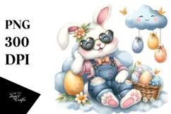 Watercolor Happy Bunny in Farm Jeans PNG Product Image 1