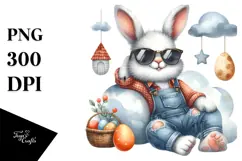 Watercolor Happy Bunny in Farm Jeans PNG Product Image 1