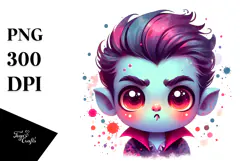 Funny Adorable Vampire with Watercolor Effect, PNG Product Image 1