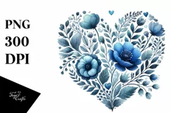 Blue Floral Heart Watercolor PNG Product Image 1