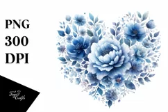 Blue Floral Heart Watercolor PNG Product Image 1