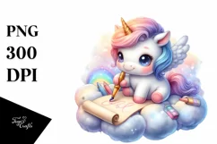 Baby Unicorn Writing on Cloud | Sublimation | Clipart Product Image 1