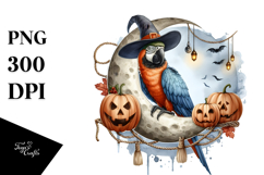 Watercolor Macaw Dressed for Halloween Sitting on Half Moon Product Image 1