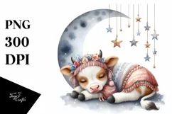 Baby Cow Sleeping on Moon Watercolor Clipart Product Image 4