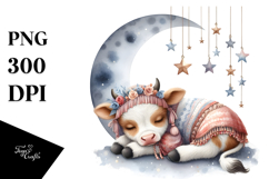 Baby Cow Sleeping on Moon Watercolor Clipart Product Image 1
