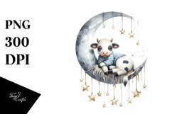 Watercolor Boho Baby Cow Sleeping on Moon Clipart Product Image 1