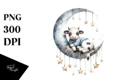 Watercolor Boho Baby Cow Sleeping on Moon Clipart Product Image 1