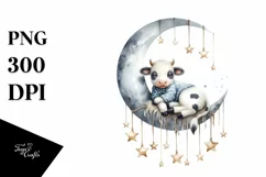 Watercolor Boho Baby Cow Sleeping on Moon Clipart Product Image 1