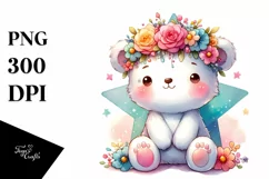 Cute Baby Bear Sitting with Flower Crown PNG Product Image 1