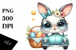 Easter Bunny Driving a Green Car Egg Flower Sun , Clipart Product Image 1