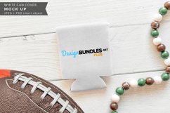 Photo of white can cooler with football and wooden beads 
