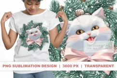 White cat with bow Christmas PNG Sublimation design Product Image 1