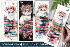 Cat and books bookmark, watercolor cat bookmark, floral cats Product Image 1