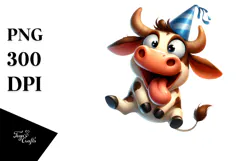 Playful Cow with Party Hat PNG Product Image 1