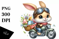 Easter Bunny Driving a Retro Motorcycle Egg Flower, Clipart Product Image 8