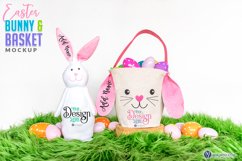 Styled mock up photo of white Easter bunny decor and Pink Easter basket with Easter eggs