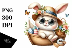 Easter Bunny In an Paddle Boat USA Egg Flower, Clipart Product Image 1