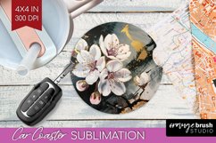 White Flowers Car Coaster - Floral Coaster PNG Sublimation Product Image 1